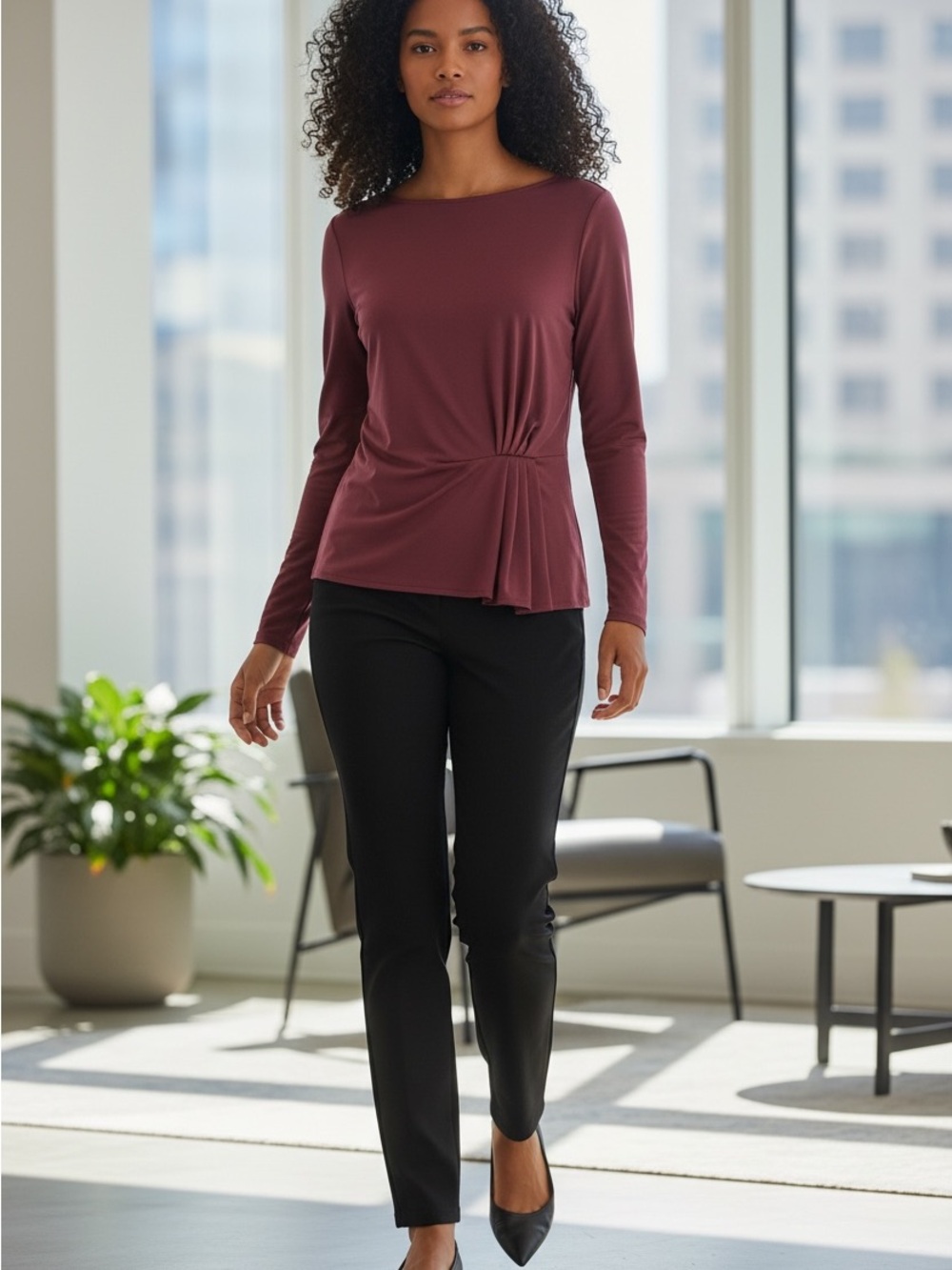 Ann Taylor Plum Office Contemporary Front Side Pleat Long Sleeve Knit Top | S